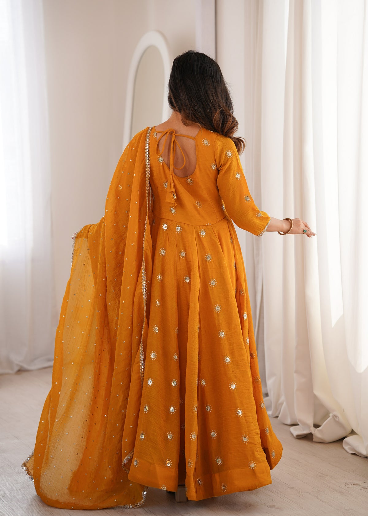 Mustard Yellow Elegant Crunchy Silk Sequence Work Three Piece Suit Set