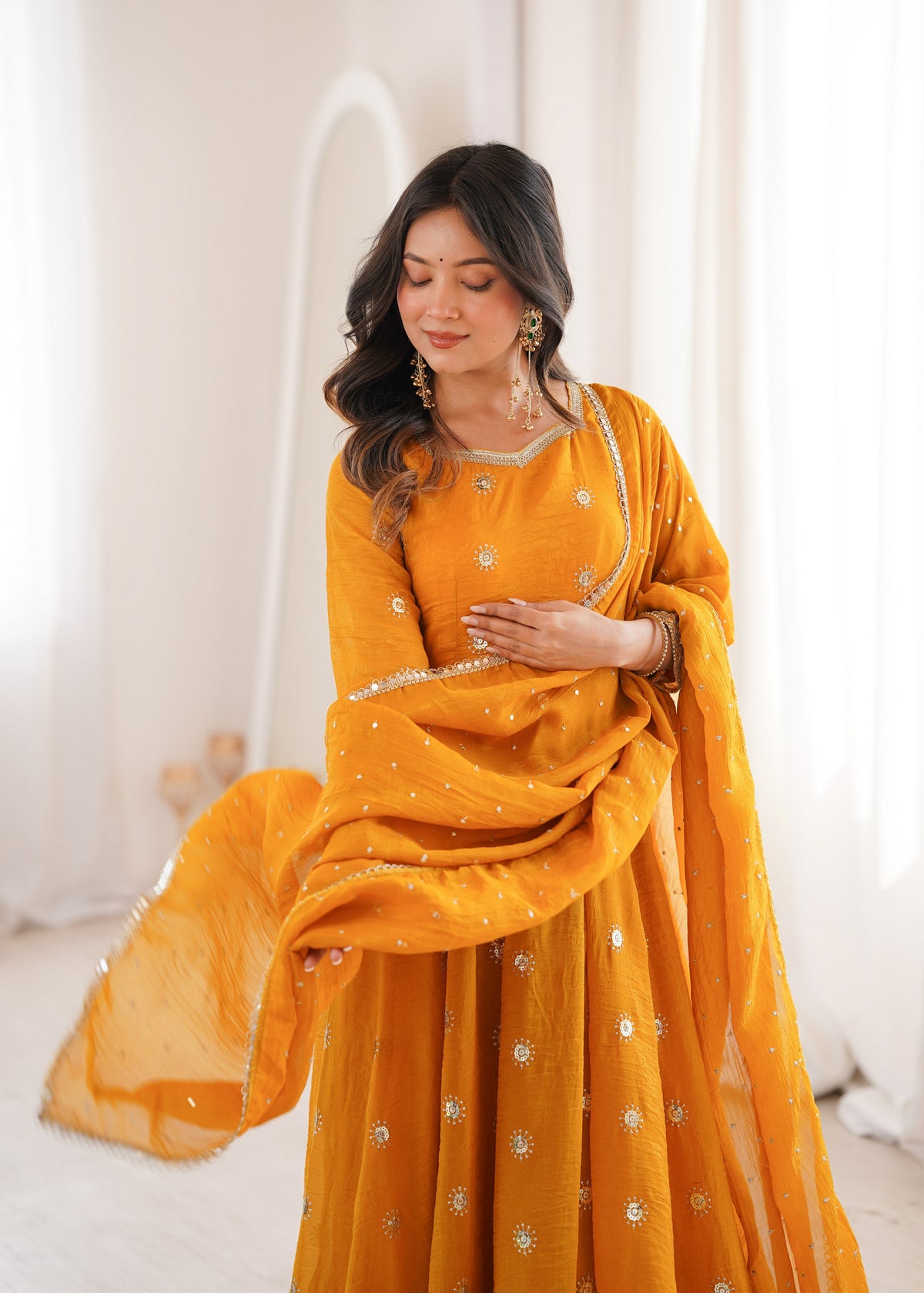 Mustard Yellow Elegant Crunchy Silk Sequence Work Three Piece Suit Set