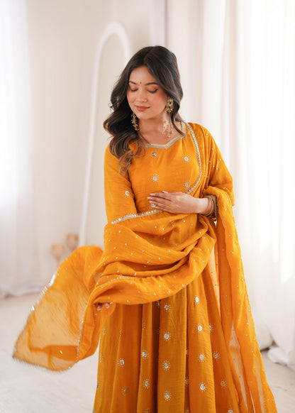 Mustard Yellow Elegant Crunchy Silk Sequence Work Three Piece Suit Set