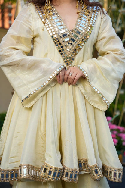 Real Mirror Work Jari Silk Sharara Suit Ready to Wear Premium Set