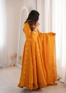 Mustard Yellow Elegant Crunchy Silk Sequence Work Three Piece Suit Set