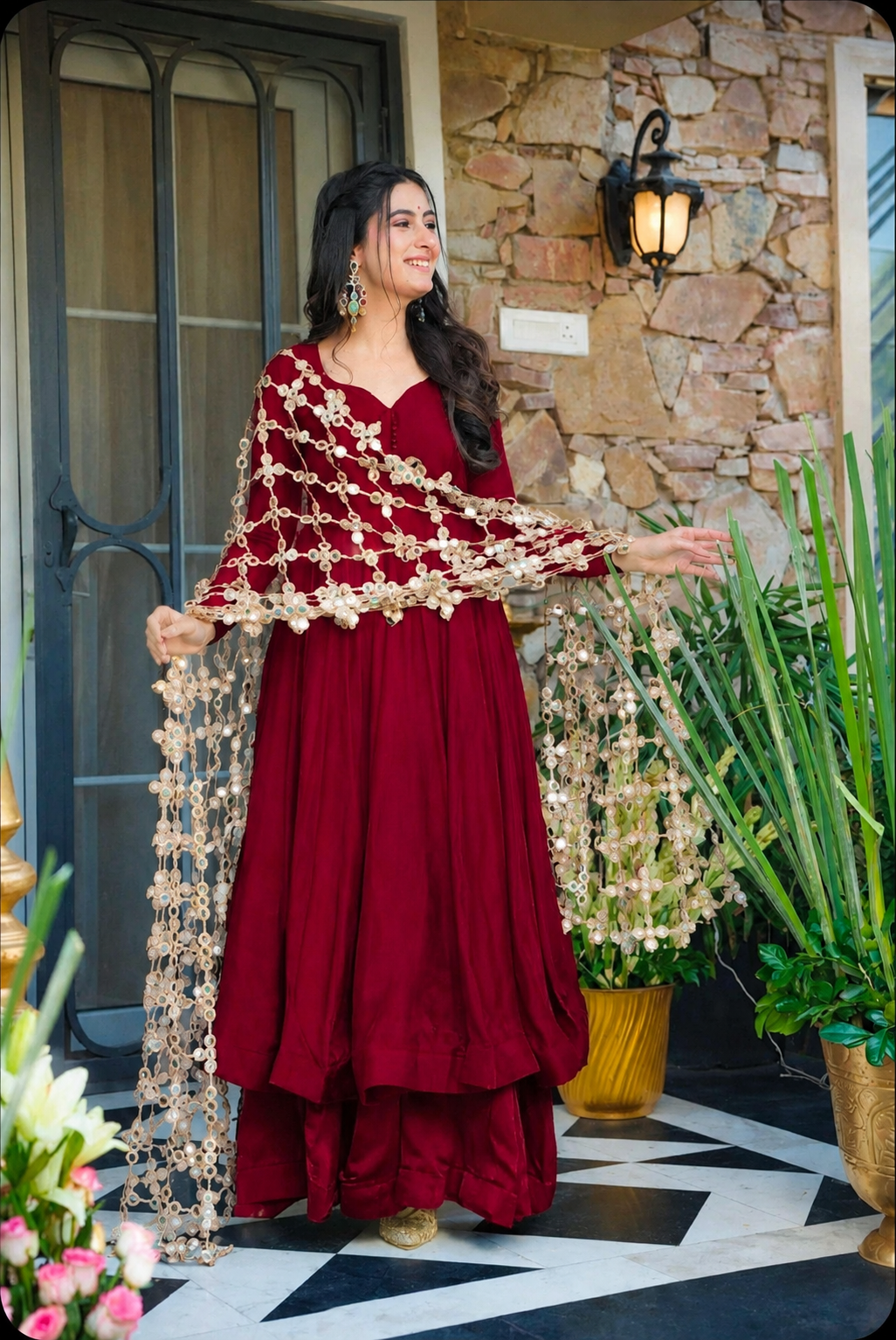Maroon Soft Roman Silk Real Mirror Work Anarkali Palazzo Set