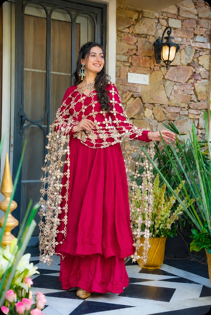 Pink Soft Roman Silk Real Mirror Work Anarkali Palazzo Set