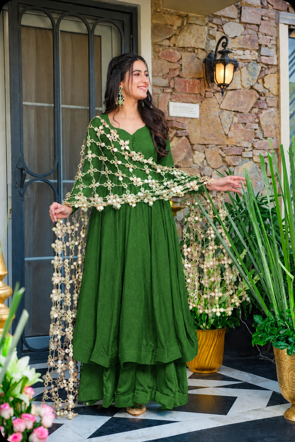 Mehandi Soft Roman Silk Real Mirror Work Anarkali Palazzo Set