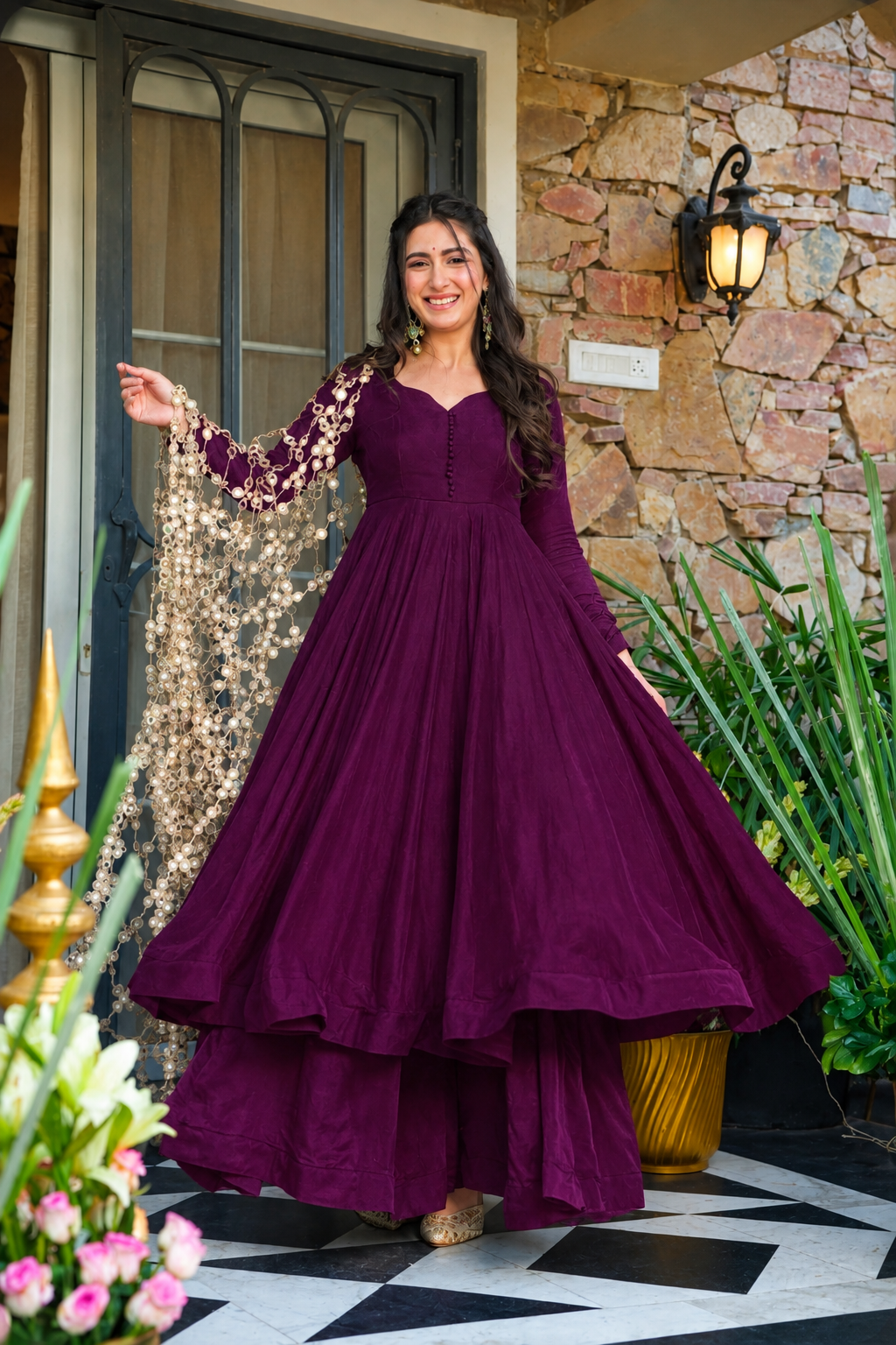 Fire wine Soft Roman Silk Real Mirror Work Anarkali Palazzo Set