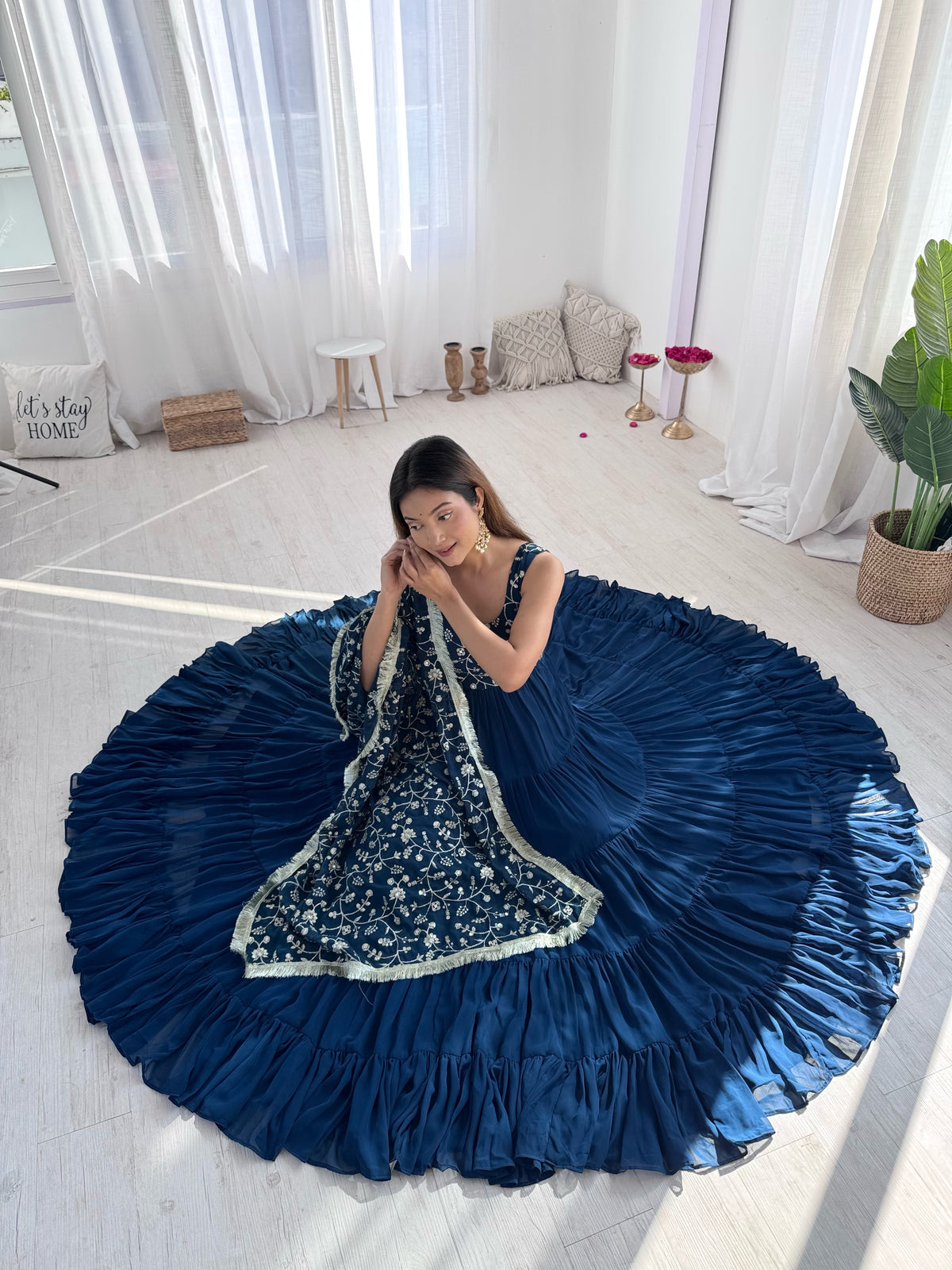 Teal Blue Fox Georgette Fully Flared Anarkali Gown Set