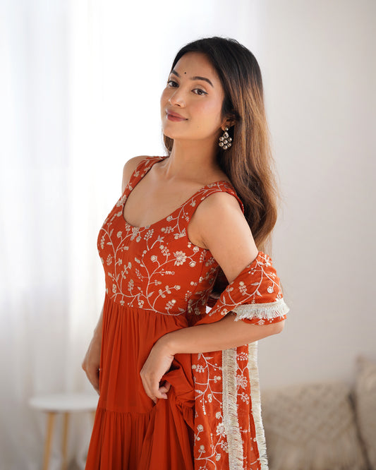 Orange Lucknowi Georgette Sequence Work Anarkali Suit Set