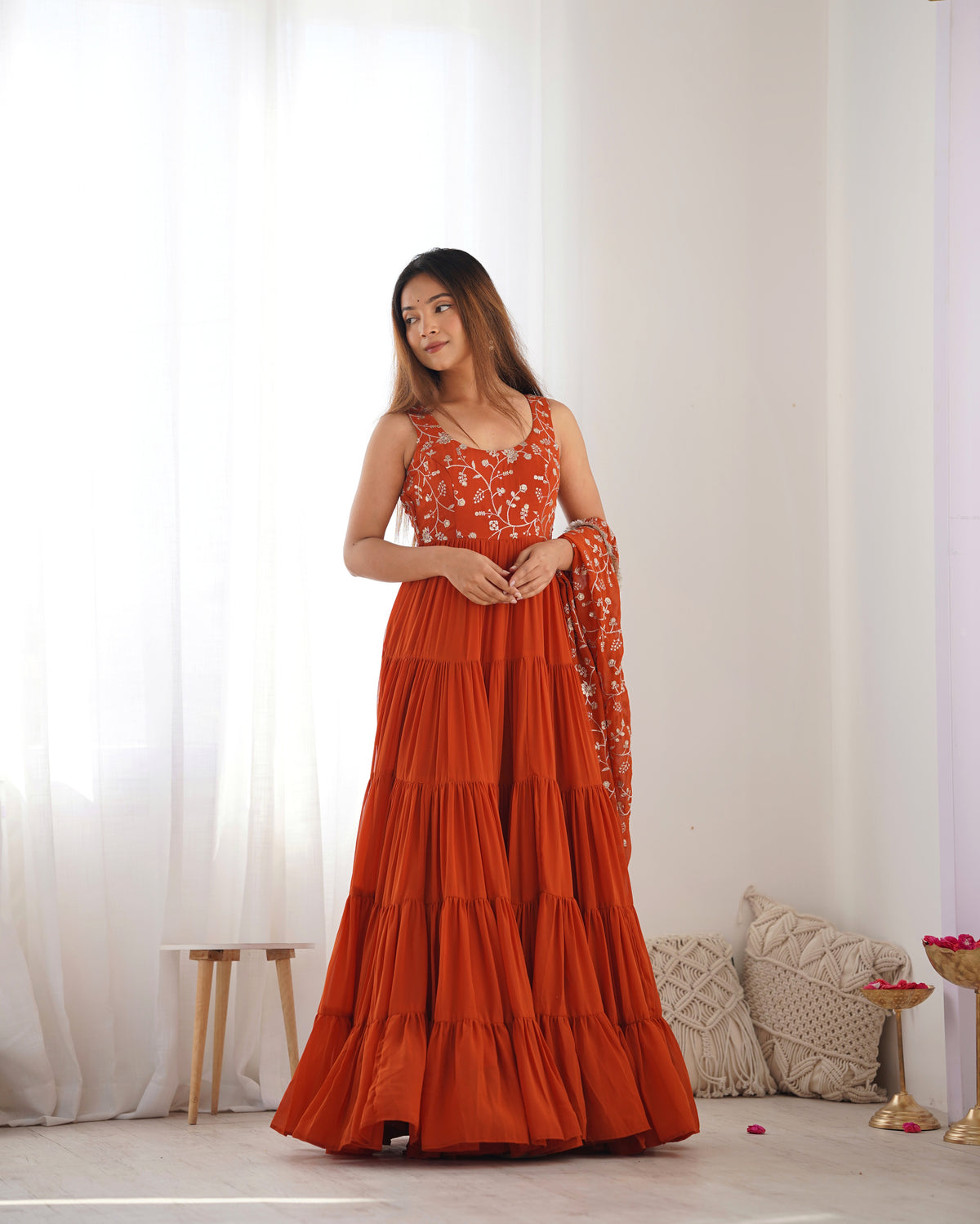 Orange Lucknowi Georgette Sequence Work Anarkali Suit Set