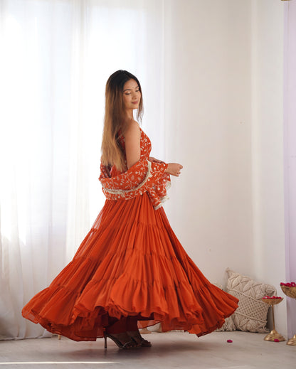 Orange Lucknowi Georgette Sequence Work Anarkali Suit Set
