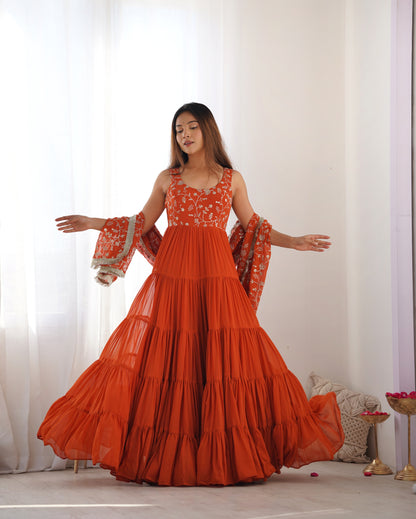 Orange Lucknowi Georgette Sequence Work Anarkali Suit Set
