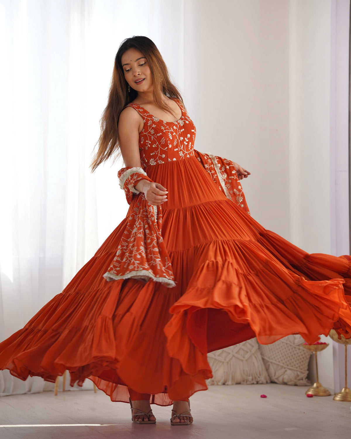 Orange Lucknowi Georgette Sequence Work Anarkali Suit Set