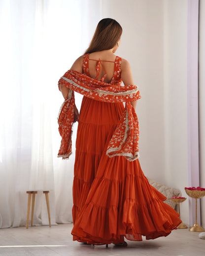 Orange Lucknowi Georgette Sequence Work Anarkali Suit Set