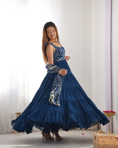 Teal Blue Fox Georgette Fully Flared Anarkali Gown Set