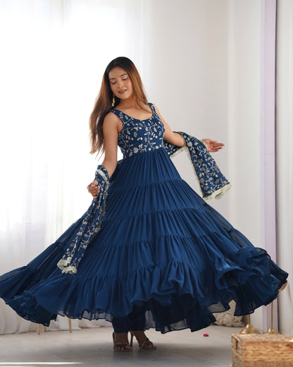 Teal Blue Fox Georgette Fully Flared Anarkali Gown Set