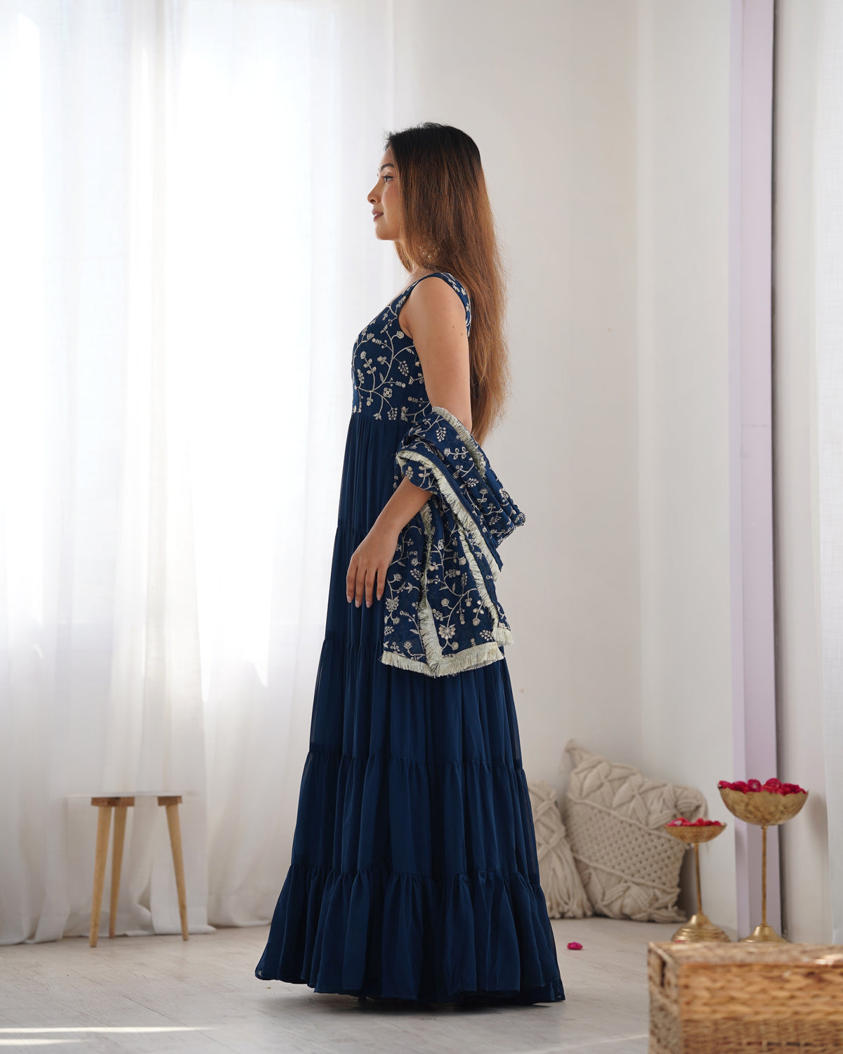 Teal Blue Fox Georgette Fully Flared Anarkali Gown Set