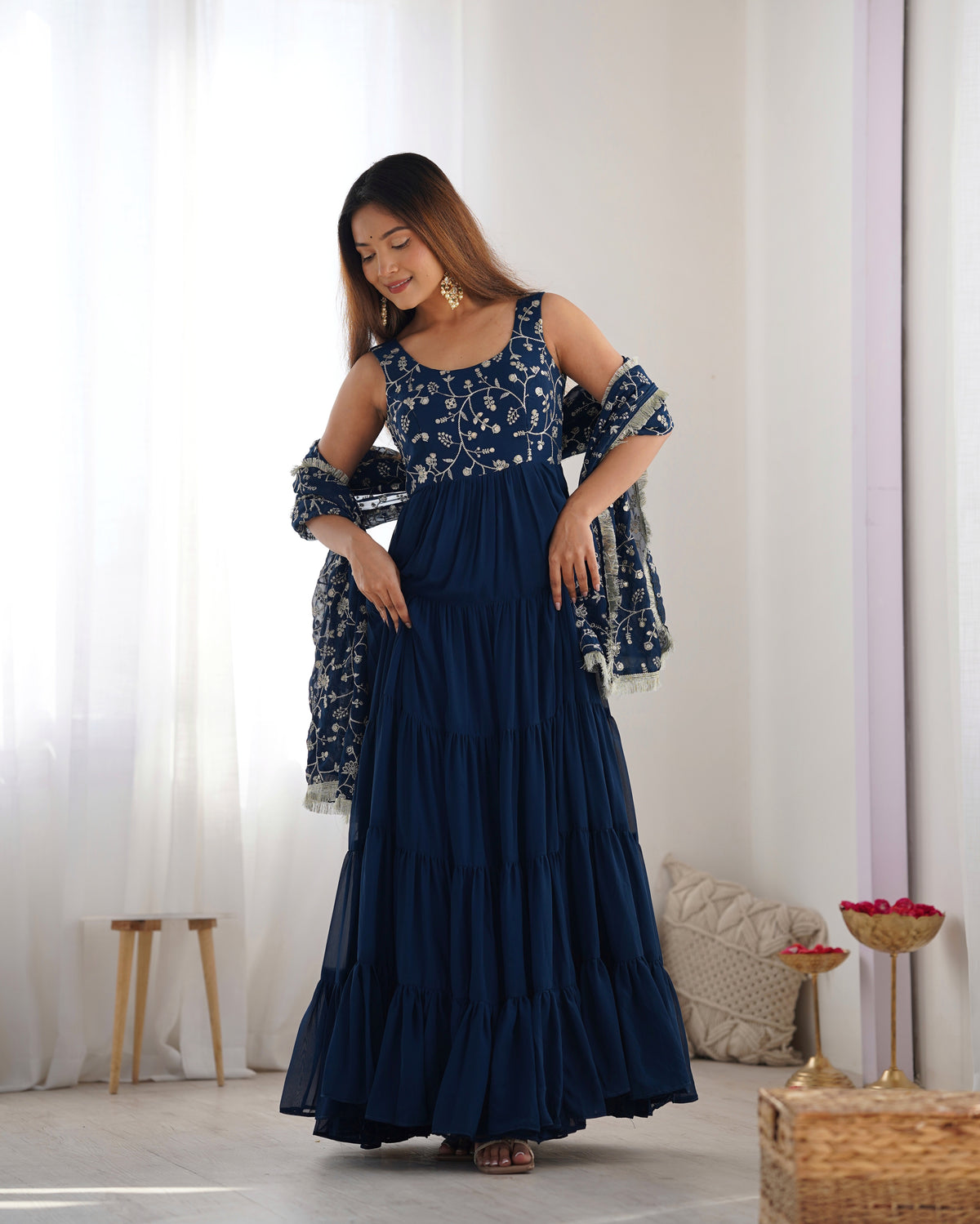 Teal Blue Fox Georgette Fully Flared Anarkali Gown Set