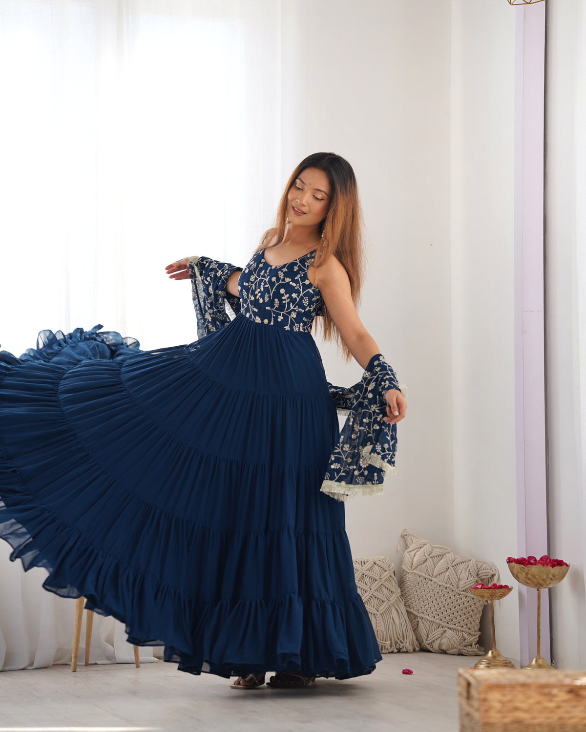 Teal Blue Fox Georgette Fully Flared Anarkali Gown Set