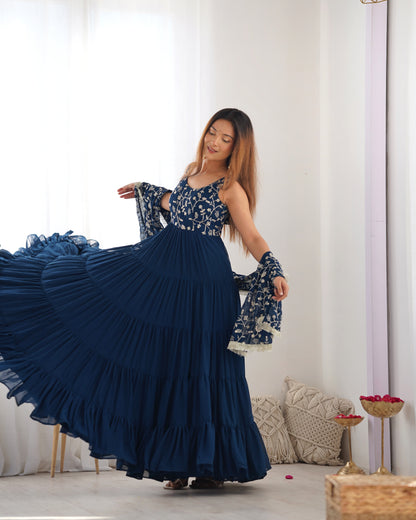 Teal Blue Fox Georgette Fully Flared Anarkali Gown Set