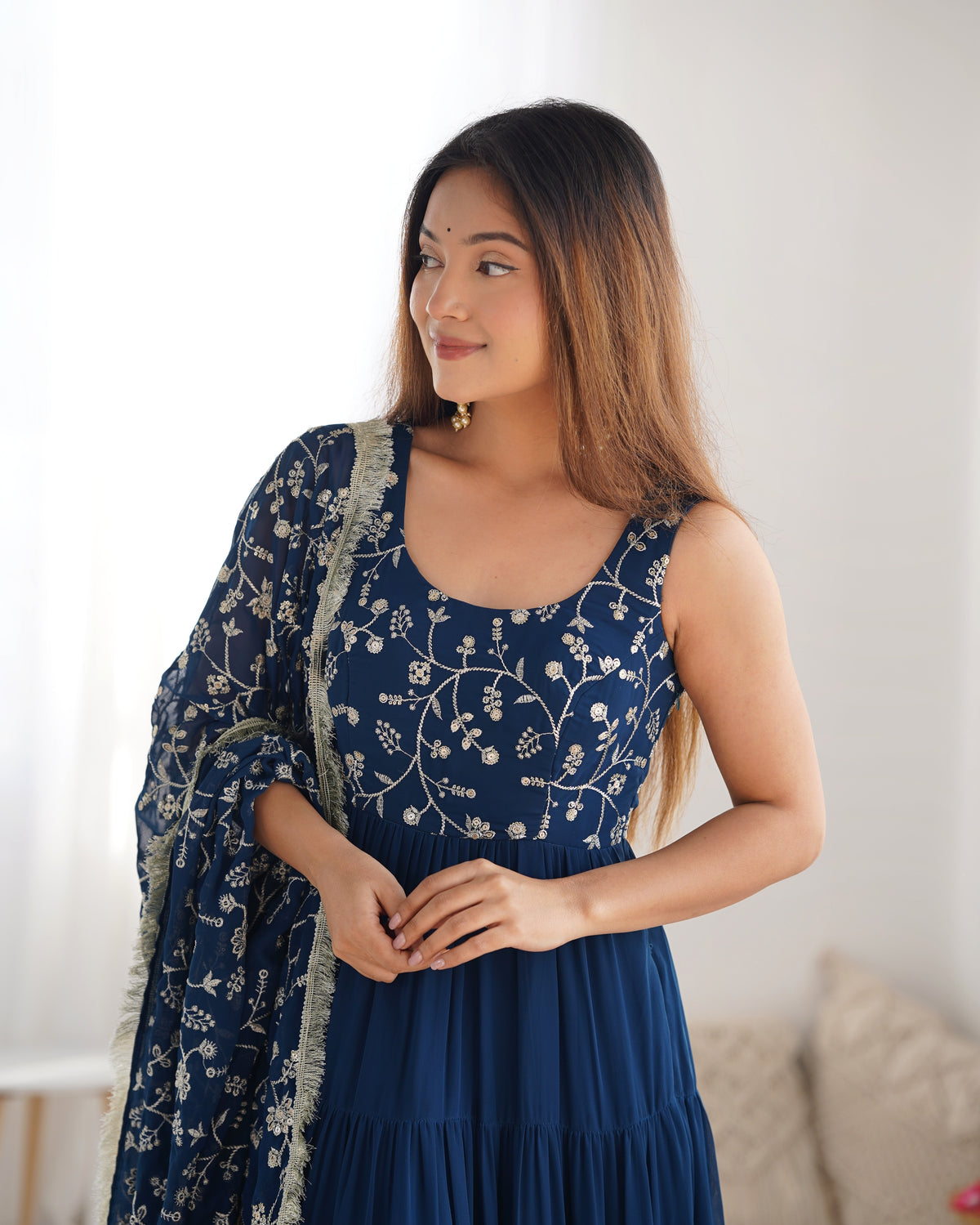 Teal Blue Fox Georgette Fully Flared Anarkali Gown Set