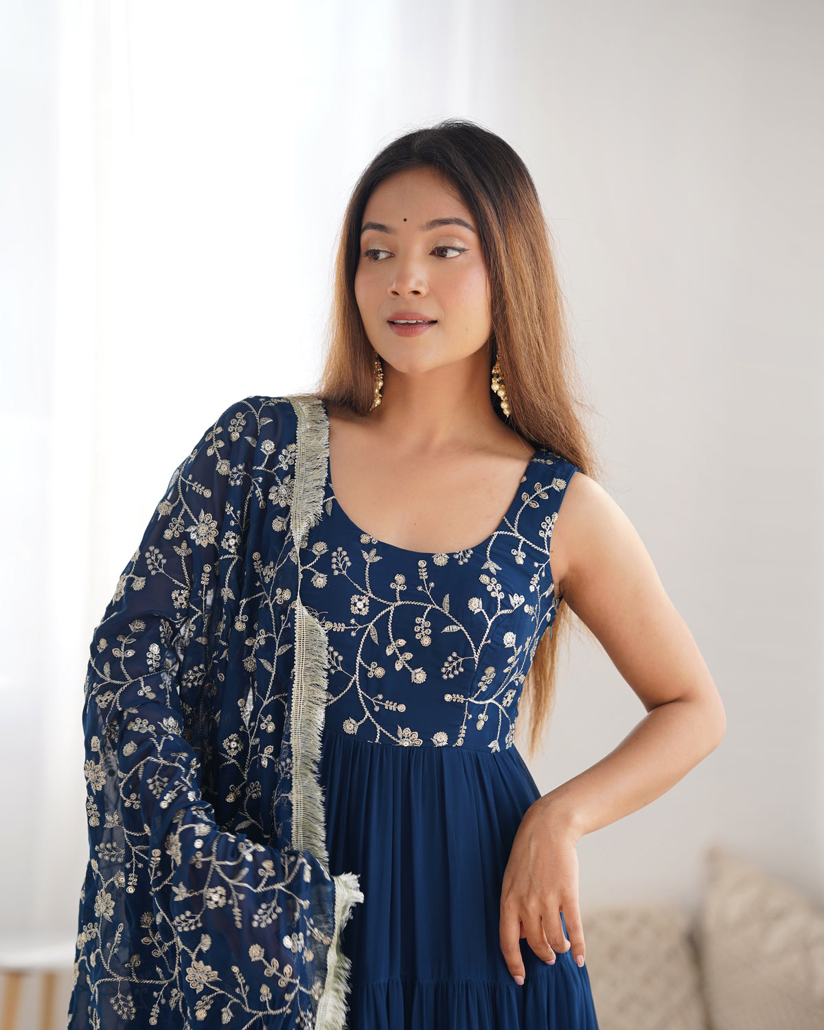 Teal Blue Fox Georgette Fully Flared Anarkali Gown Set