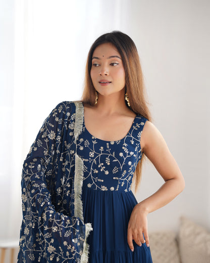 Teal Blue Fox Georgette Fully Flared Anarkali Gown Set
