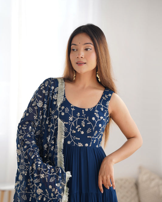 Teal Blue Fox Georgette Fully Flared Anarkali Gown Set