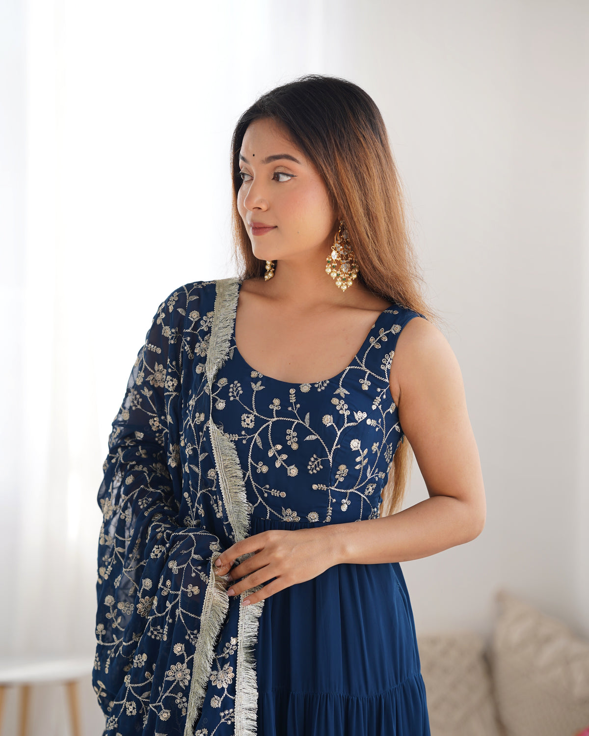 Teal Blue Fox Georgette Fully Flared Anarkali Gown Set