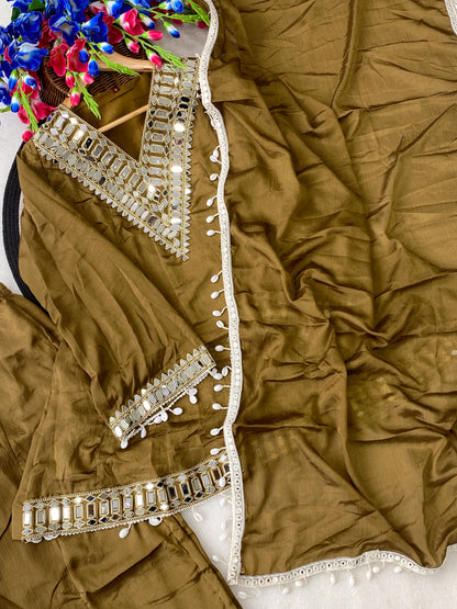 Olive Green Soft Chinon Real Mirror Work Long Kali Palazzo Set