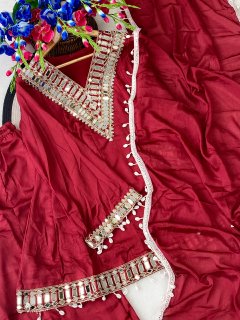 Maroon Soft Chinon Real Mirror Work Long Kali Palazzo Set