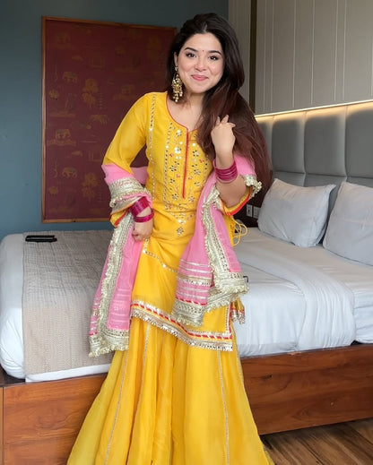 Kundan Organza Silk Embroidery Sequence Plazzo Suit Set