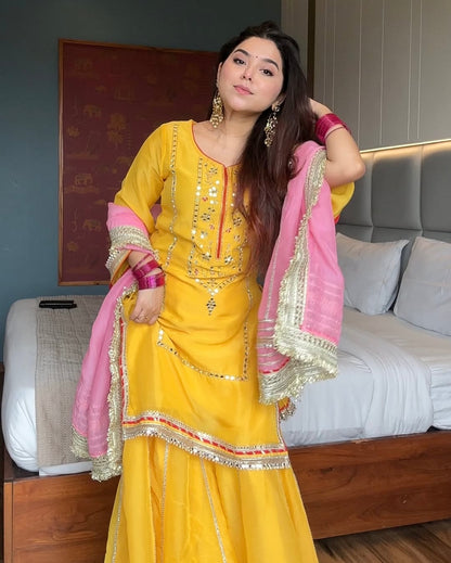 Kundan Organza Silk Embroidery Sequence Plazzo Suit Set