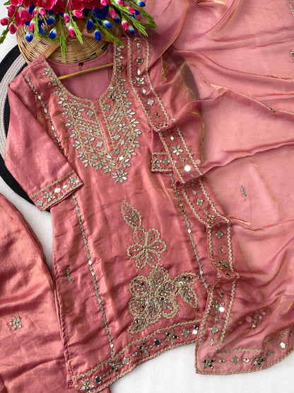 Premium Space Silk Hand Stitched Real Mirror Work Suit Set