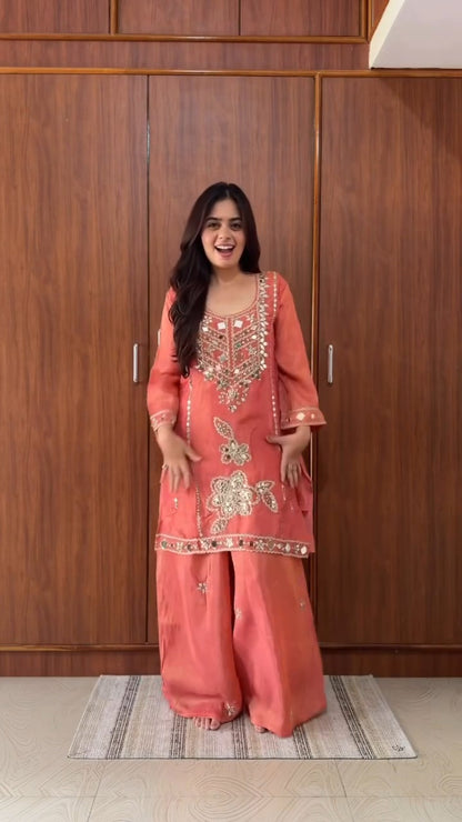Premium Space Silk Hand Stitched Real Mirror Work Suit Set