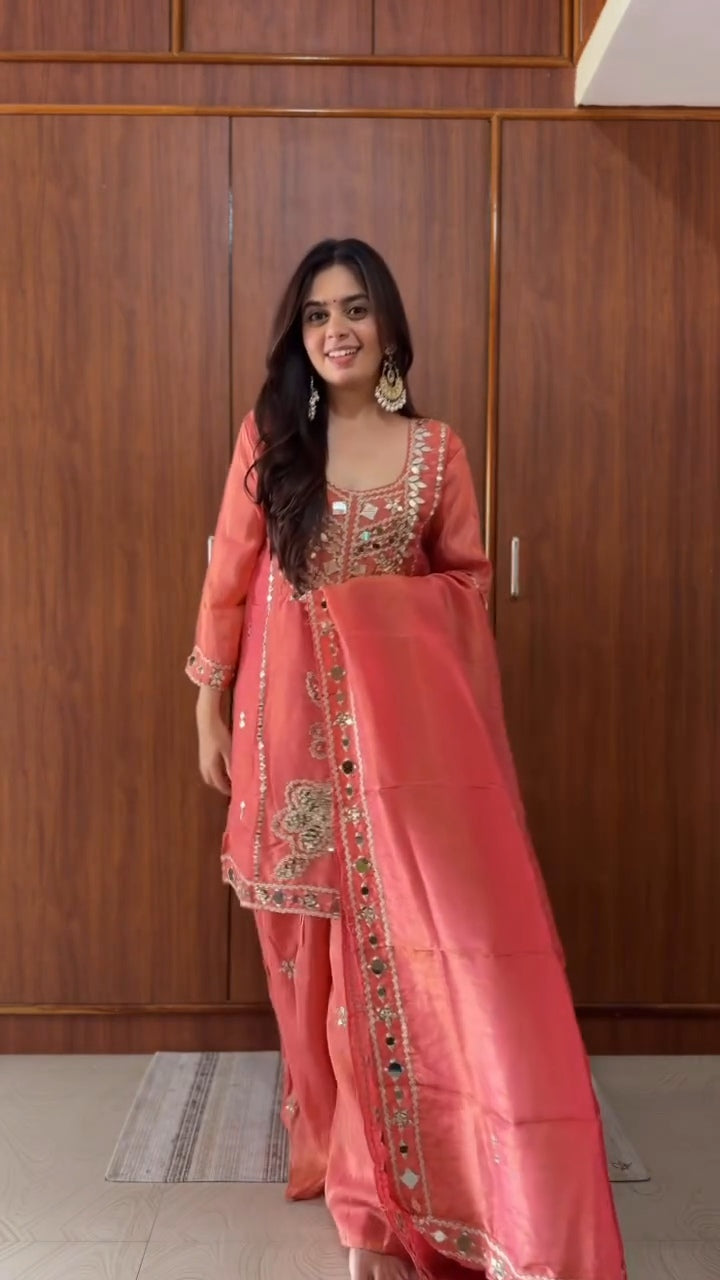 Premium Space Silk Hand Stitched Real Mirror Work Suit Set