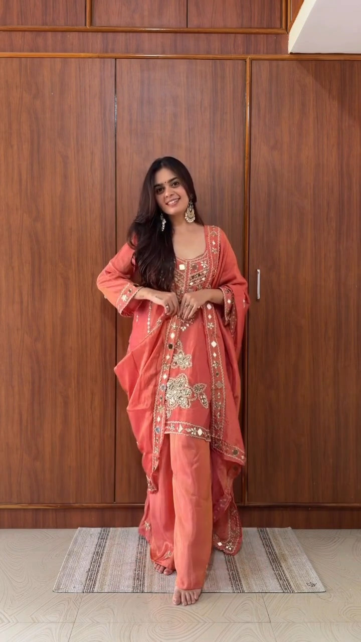 Premium Space Silk Hand Stitched Real Mirror Work Suit Set