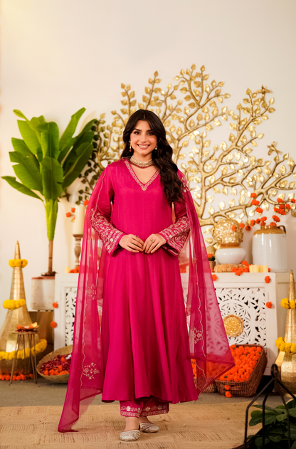 Pink Elegant Embroidered Viscose Chanderi Lehenga Choli Set