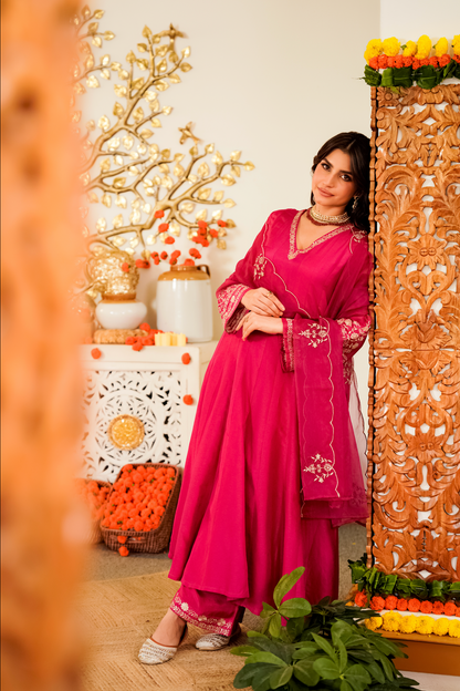 Pink Elegant Embroidered Viscose Chanderi Lehenga Choli Set