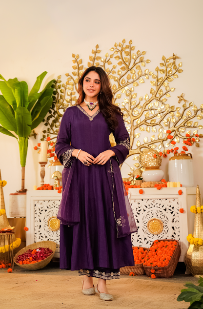 deep purple Elegant Embroidered Viscose Chanderi Lehenga Choli Set
