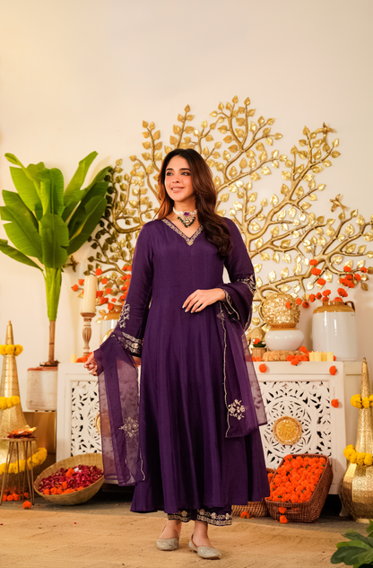 deep purple Elegant Embroidered Viscose Chanderi Lehenga Choli Set