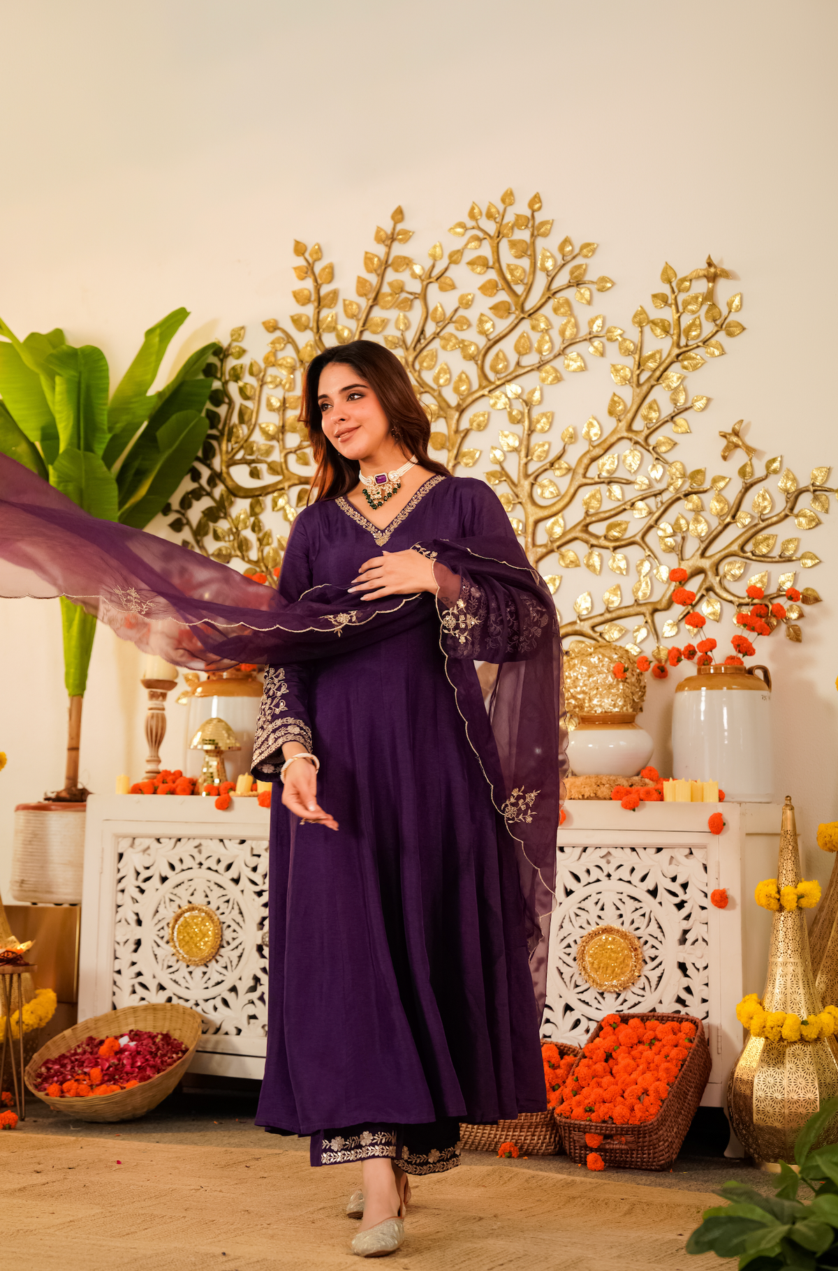 deep purple Elegant Embroidered Viscose Chanderi Lehenga Choli Set