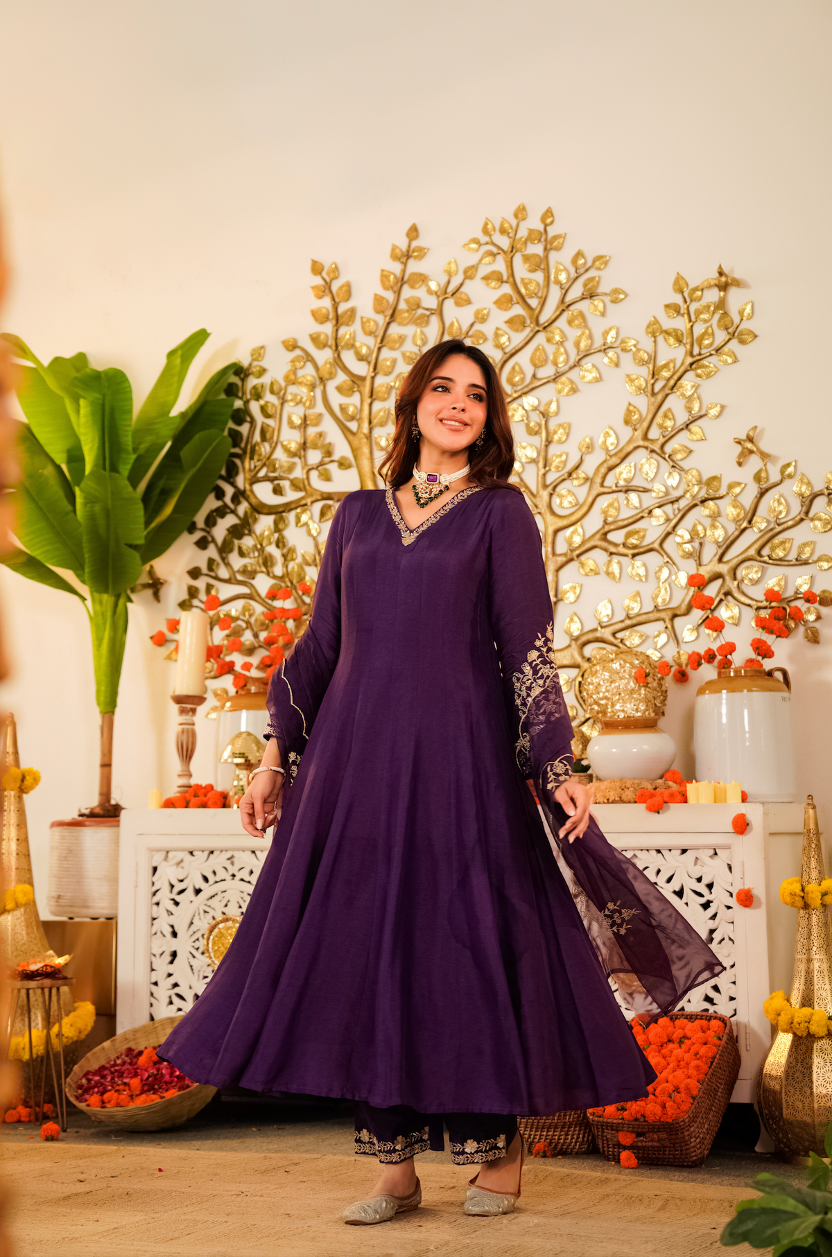 deep purple Elegant Embroidered Viscose Chanderi Lehenga Choli Set