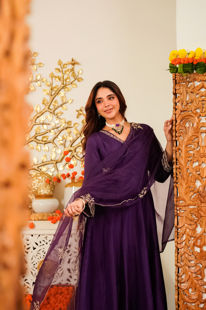 deep purple Elegant Embroidered Viscose Chanderi Lehenga Choli Set