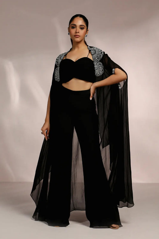 Radiant Black Side Slight Pant And Cape Set