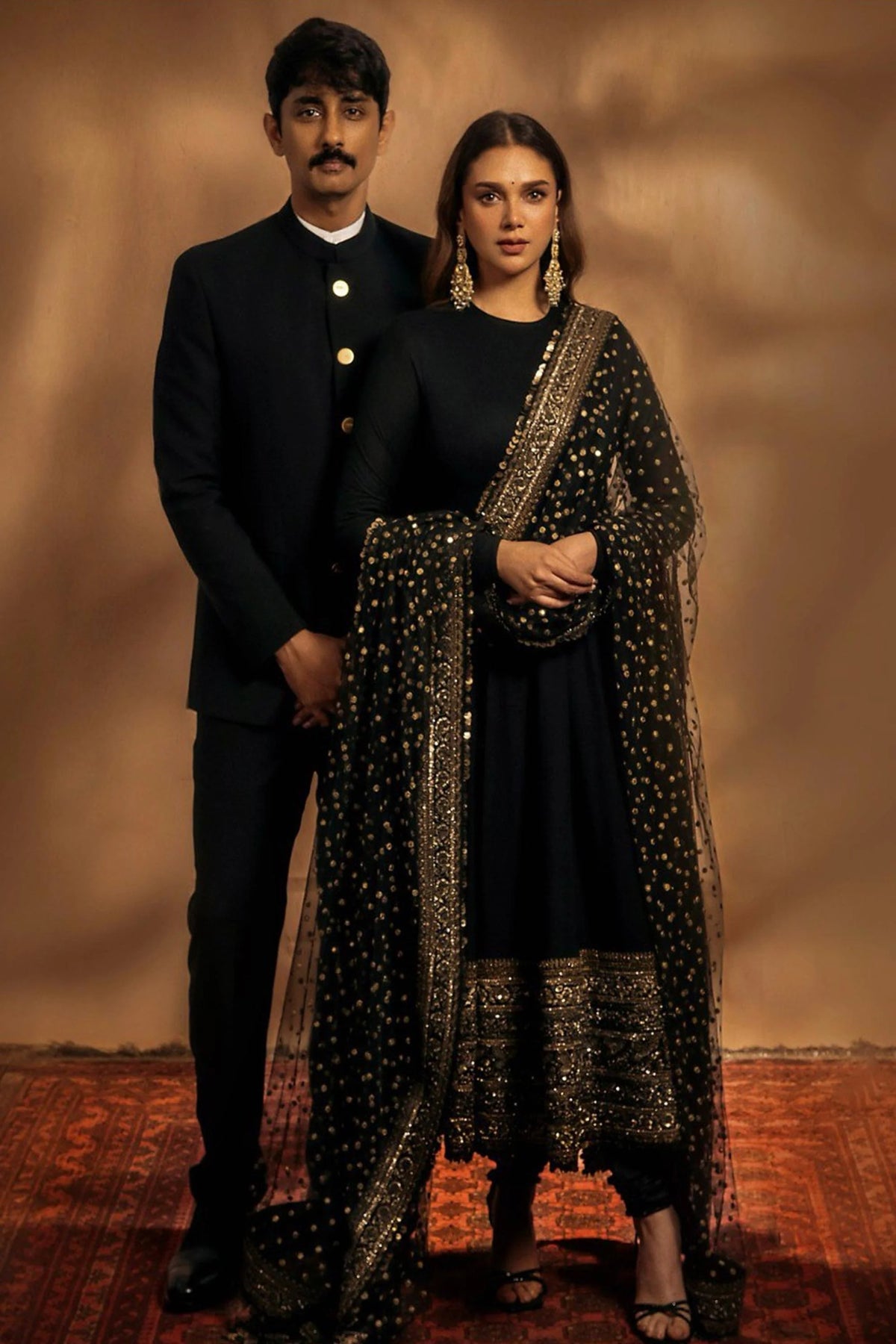 Black Aditi Rao Inspired Georgette Base Embroidered Anarkali Suit Set