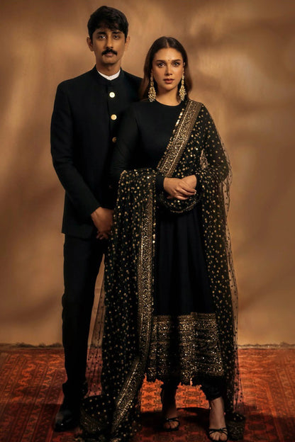 Black Aditi Rao Inspired Georgette Base Embroidered Anarkali Suit Set