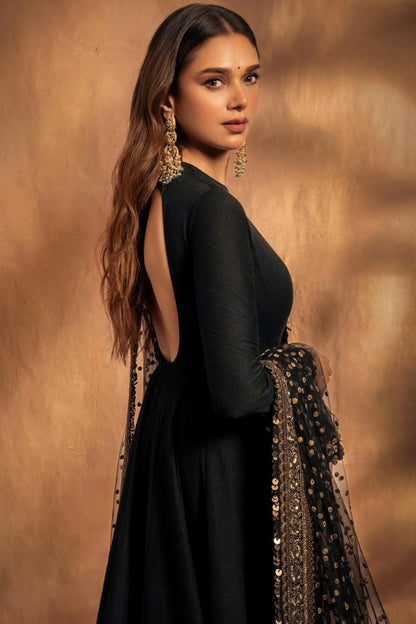 Black Aditi Rao Inspired Georgette Base Embroidered Anarkali Suit Set