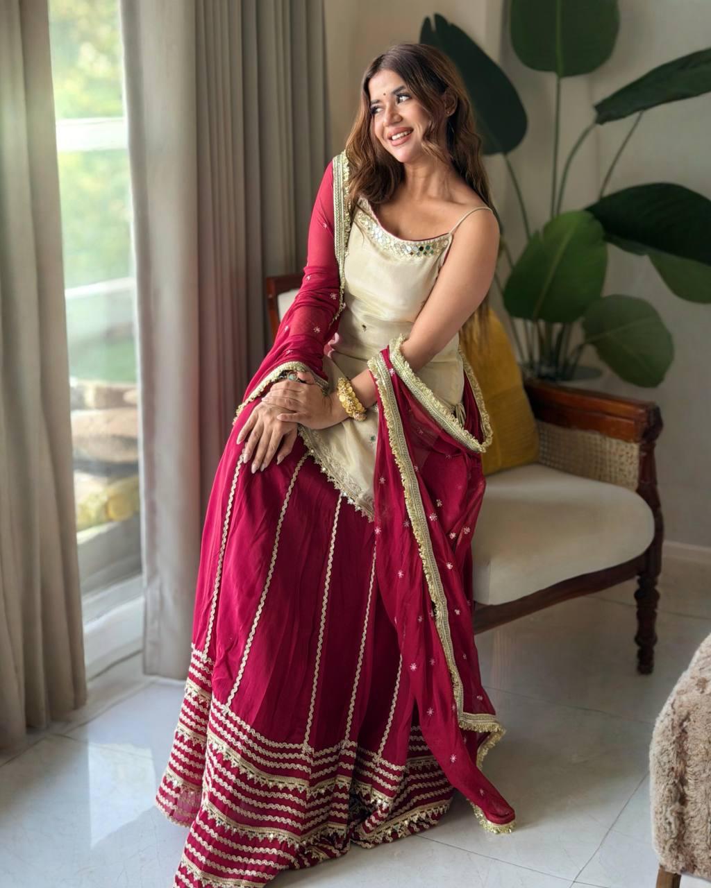 Red & White Embroidered Lehenga Set with Lace Work