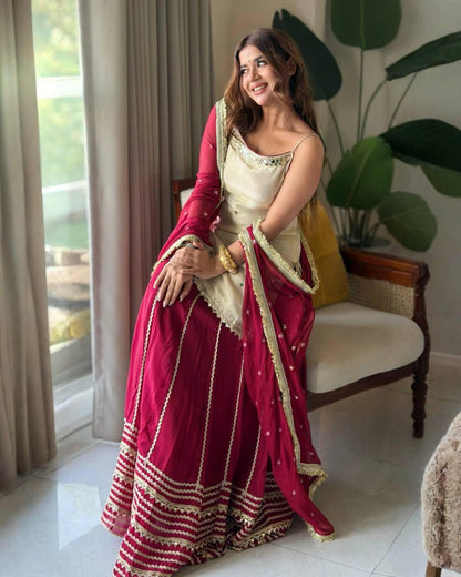 Red & White Embroidered Lehenga Set with Lace Work