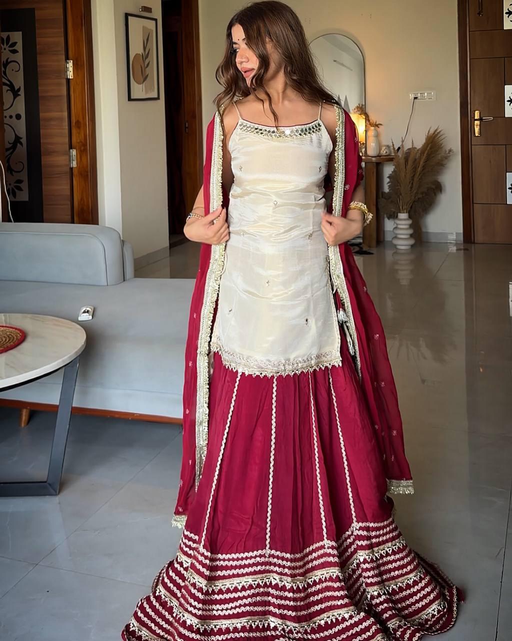 Red & White Embroidered Lehenga Set with Lace Work