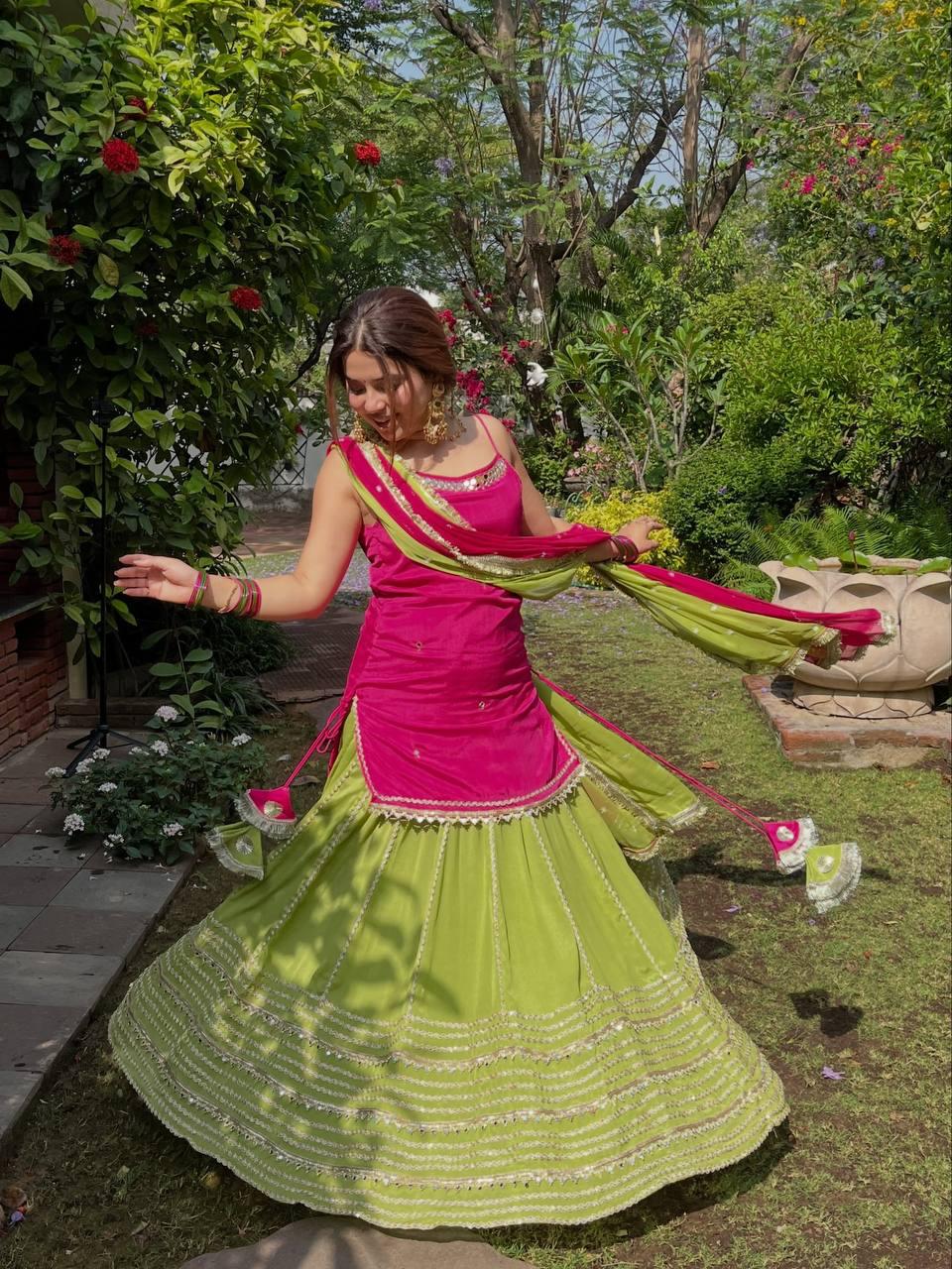 Pink & Green Embroidered Lehenga Set with Lace Work